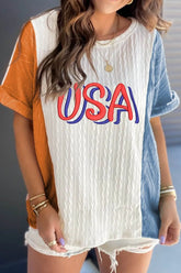 USA Embroidered Cable Textured Knit Cuffed Sleeve Color Block Tee White OutfitFlow