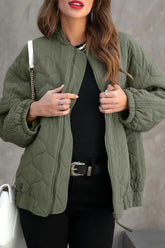 Zip Up Drop Shoulder Long Sleeve Puffer Jacket Sage OutfitFlow