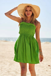 Davi & Dani Smocking Halter Neck Tie Open Back Mini Dress APPLE GREEN OutfitFlow