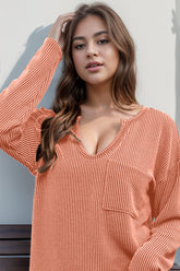 Double Take Striped Notched Long Sleeve T-Shirt Tangerine OutfitFlow