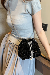 Sequin Chain Drawstring Bucket Bag Black One Size OutfitFlow