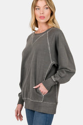 Zenana Round Neck Long Sleeve Sweatshirt Black OutfitFlow