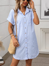 Striped Button Down Short Sleeve Mini Dress Light Blue OutfitFlow