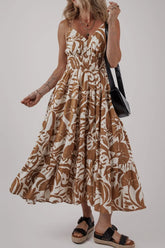 Floral Shirred High Waist Spaghetti Straps Dress Mocha OutfitFlow