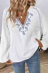 Embroidered Notched Long Sleeve Blouse White OutfitFlow