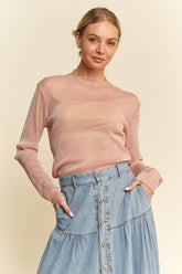 Davi & Dani Glitter Mesh Lettuce Hem Long Sleeve Top Dusty Pink OutfitFlow