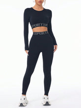 Letter Print Round Neck Long Sleeve Top and Leggings Active Set Black OutfitFlow