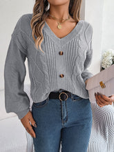 Cable-Knit Buttoned V-Neck Sweater Charcoal OutfitFlow