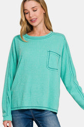 Zenana Full Size Contrast Stitching Brushed Ribbed Hacci Knit Top Plus Size Turquoise OutfitFlow