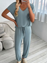 Devine V-Neck Short Sleeve Top and Pants Set Blue-Gray OutfitFlow