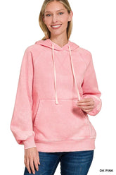 Zenana Acid Wash Fleece Hoodie with Kangaroo Pocket DK PINK OutfitFlow