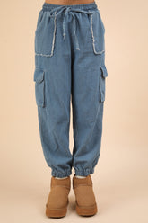 VERY J Washed Drawstring Jogger Cargo Jeans Indigo OutfitFlow