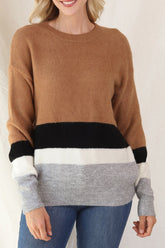 Color Block Round Neck Dropped Shoulder Sweater Camel OutfitFlow
