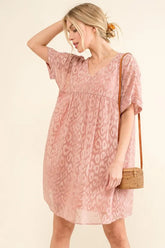 And The Why Woven Leopard Baby Doll Roll-Sleeve Casual Dress Mauve OutfitFlow
