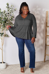 Double Take Half Button Long Sleeve Ruffle Hem Blouse OutfitFlow