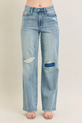 Judy Blue Full Size Hw Destroy & Knee Patch Straight Jeans Plus Size Medium OutfitFlow