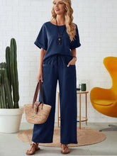 Round Neck Half Sleeve Top and Pocketed Pants Set Dark Blue OutfitFlow