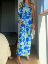 Floral Print One-Shoulder Maxi Dress Sky Blue OutfitFlow