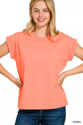 Zenana Round Neck Folded Short Sleeve T-Shirt CORAL OutfitFlow