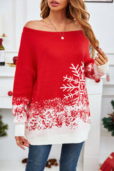 Off-Shoulder Long Sleeve Sweater Red OutfitFlow