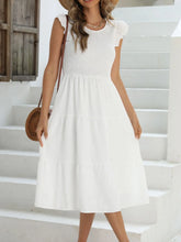 Ruffled Round Neck Cap Sleeve Dress White OutfitFlow