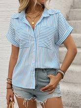 Striped Collared Neck Short Sleeve Shirt Light Blue OutfitFlow