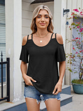 Florira Round Neck Cold Shoulder Eyelet T-Shirt Black OutfitFlow