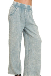 Zenana Washed Double Gauze Elastic Band Waist Pants BLUE GREY OutfitFlow