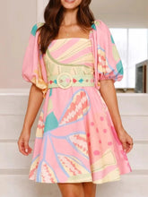 Colorful Print Belted Mini Dress with Puff Sleeves Pink OutfitFlow