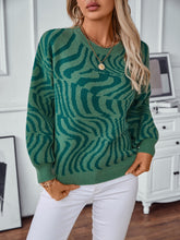 Geometric Round Neck Long Sleeve Sweater Dark Green OutfitFlow