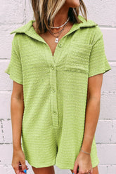 Textured Short Sleeve Patched Pocket Buttoned Romper Lime OutfitFlow