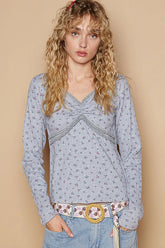 POL Floral V-Neck Long Sleeve T-Shirt Gray OutfitFlow