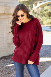 Basic Bae Full Size Ribbed Round Neck Long Sleeve Knit Top Scarlet OutfitFlow