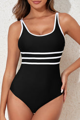 Contrast Trim Scoop Neck One-Piece Swimwear Black OutfitFlow