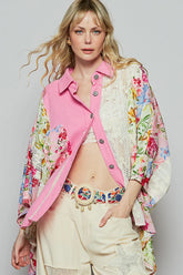 POL Thermal and Crochet Lace Mix Shirt with Floral Pattern CANDY PINK OutfitFlow