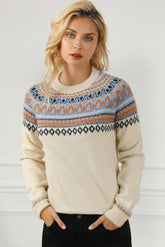 Geometric Round Neck Long Sleeve Sweater Cream OutfitFlow