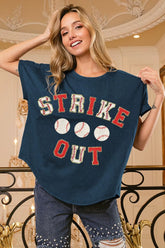 BiBi Strikeout Letter Patches Washed Short Sleeve Top DEEP NAVY RED OutfitFlow