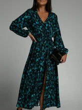 Printed Surplice Long Sleeve Midi Dress Green OutfitFlow