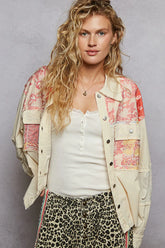 POL Printed Woven Mix Raw Hem Jacket with Lace Detail Cream OutfitFlow