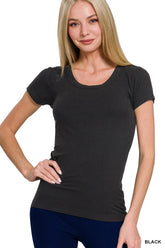 Zenana Ribbed Round Neck Short Sleeve T-Shirt BLACK OutfitFlow