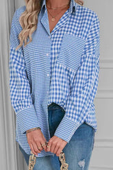 Plaid Button Up Long Sleeve Shirt Light Blue OutfitFlow