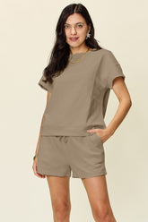 Double Take Full Size Texture Short Sleeve T-Shirt and Drawstring Shorts Set Mocha OutfitFlow