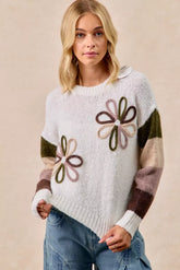 BiBi Flower Color Block Sweater IVORY COMBO OutfitFlow