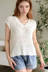 Notched Cap Sleeve Knit Top Beige OutfitFlow