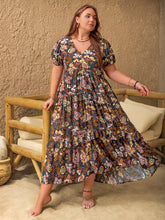 Plus Size V-Neck Short Sleeve Midi Dress Multicolor OutfitFlow