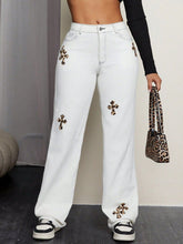 Leopard Cross Detail Straight Leg Jeans White OutfitFlow