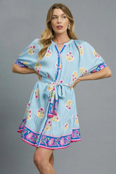 Umgee Floral Print Tie Waist Short Sleeve Dress Pastel Blue OutfitFlow