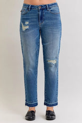 Judy Blue Full Size Mid Rise Bf Patch & Repair Destroy Release Hem Jeans Plus Size MD OutfitFlow