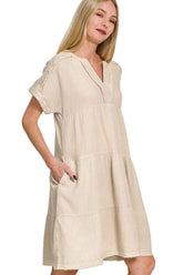 Zenana Washed Double Gauze Raw Edge V-neck Dress SAND BEIGE OutfitFlow