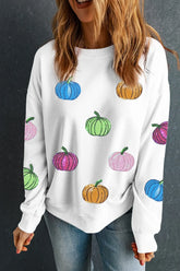 Pumpkin Round Neck Long Sleeve Sweatshirt White OutfitFlow
